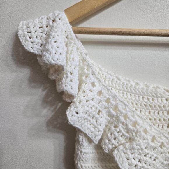 Women Crochet Off-Shoulder Crop Top M/L Cream Ruffle Corset Cottage Boho Peasant - Picture 2 of 8